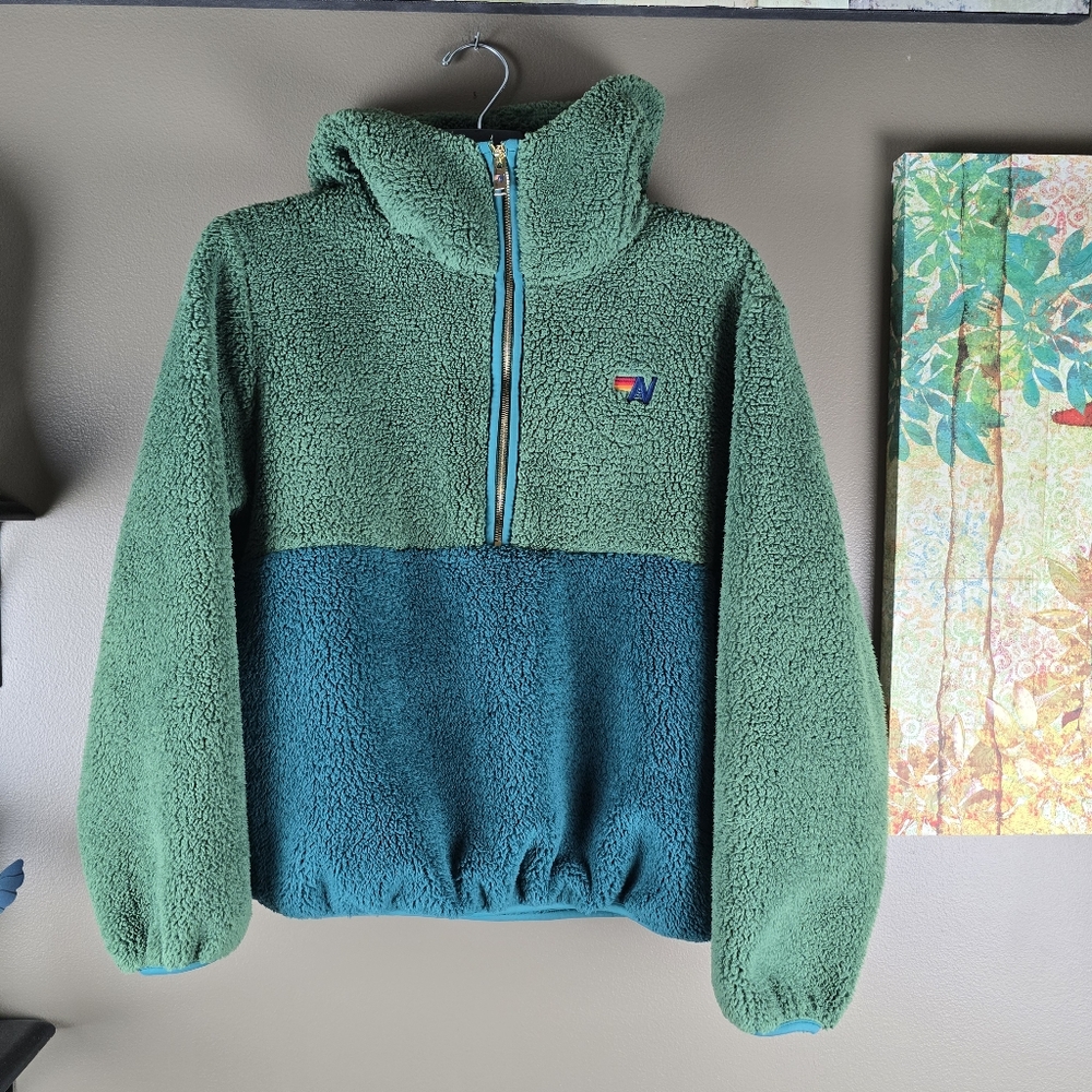 Aviator Nation Teddy Unisex Hooded Half Zip Color block Jacket Garden Green XS - Picture 10 of 16